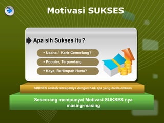 Seseorang mempunyai Motivasi SUKSES nya
masing-masing
SUKSES adalah tercapainya dengan baik apa yang dicita-citakan
Apa sih Sukses itu?
 Usaha / Karir Cemerlang?
 Populer, Terpandang
 Kaya, Berlimpah Harta?
Motivasi SUKSES
 