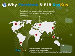 Termasuk dalam situs terpopuler ,
Peringkat ke 6 di Indonesia.
Peringkat ke 1 untuk Forum Komunitas Terbesar di Indonesia
KasKus
Facebook termasuk dalam situs terpopuler,
Peringkat ke 2 di dunia & Peringkat ke 1 di
Indonesia
Why Facebook & FJB KasKus
 