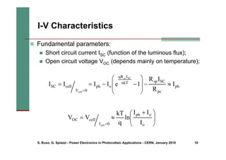 S. Buso, G. Spiazzi - Power Electronics in Photovoltaic Applications - CERN, January 2010 10
I-V Characteristics
„ Fundamental parameters:
„ Short circuit current ISC (function of the luminous flux);
„ Open circuit voltage VOC (depends mainly on temperature);
ph
pc
SC
sp
nkT
I
qR
o
ph
0
V
cell
SC I
R
I
R
1
e
I
I
I
I
SC
sc
cell
≈
−
⎟
⎟
⎠
⎞
⎜
⎜
⎝
⎛
−
−
=
=
=
⎟
⎟
⎠
⎞
⎜
⎜
⎝
⎛ +
≈
=
= o
o
ph
0
I
cell
OC
I
I
I
ln
q
kT
V
V
cell
 