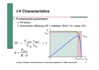 S. Buso, G. Spiazzi - Power Electronics in Photovoltaic Applications - CERN, January 2010 11
I-V Characteristics
„ Fundamental parameters:
„ Fill factor;
„ Conversion efficiency (R = radiation, W/m2, A = area, m2);
1
I
V
I
V
FF
SC
OC
MPP
MPP
<
=
A
R
PMPP
⋅
=
η
0
0
IMPP
VMPP VOC
PMPP
vP
iP
 