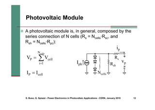 S. Buso, G. Spiazzi - Power Electronics in Photovoltaic Applications - CERN, January 2010 12
Photovoltaic Module
„ A photovoltaic module is, in general, composed by the
series connection of N cells (Rs = Ncells·Rsc, and
Rsh = Ncells·Rpc):
∑
=
=
cells
N
1
i
cell
P V
V
cell
P I
I =
}
Ncells
vp
+
Iph
-
ip
Rsh
Rs
 