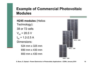 S. Buso, G. Spiazzi - Power Electronics in Photovoltaic Applications - CERN, January 2010 16
H245 modules (Helios
Technology):
38 or 72 cells
Voc = 20.5 V
Isc = 1.2-2.5 A
Dimensions:
524 mm x 325 mm
690 mm x 430 mm
800 mm x 430 mm
Example of Commercial Photovoltaic
Modules
 