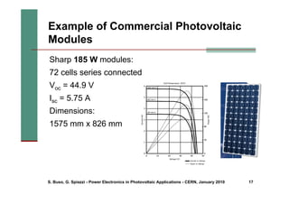S. Buso, G. Spiazzi - Power Electronics in Photovoltaic Applications - CERN, January 2010 17
Sharp 185 W modules:
72 cells series connected
Voc = 44.9 V
Isc = 5.75 A
Dimensions:
1575 mm x 826 mm
Example of Commercial Photovoltaic
Modules
 