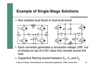 S. Buso, G. Spiazzi - Power Electronics in Photovoltaic Applications - CERN, January 2010 25
Example of Single-Stage Solutions
„ Non isolated dual boost or dual buck-boost
„ Each converter generates a sinusoidal voltage (180° out
of phase) on top of a DC value that cancels across the
load
„ Capacitive filtering shared between Cs, C1 and C2
 