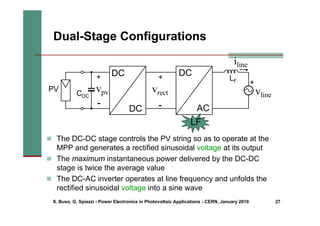 S. Buso, G. Spiazzi - Power Electronics in Photovoltaic Applications - CERN, January 2010 27
Dual-Stage Configurations
„ The DC-DC stage controls the PV string so as to operate at the
MPP and generates a rectified sinusoidal voltage at its output
„ The maximum instantaneous power delivered by the DC-DC
stage is twice the average value
„ The DC-AC inverter operates at line frequency and unfolds the
rectified sinusoidal voltage into a sine wave
DC
DC
DC
AC
CDC
vpv
-
+
vrect
-
+ LF +
vline
iline
PV
LF
 