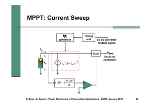 S. Buso, G. Spiazzi - Power Electronics in Photovoltaic Applications - CERN, January 2010 46
MPPT: Current Sweep
f(t)
generator
(to dc-dc
controller)
Hold VMPP
vp ( ) τ
−
=
t
SC
P e
I
t
i
( )
( )
dt
t
dv
t
v P
P τ
− +
-
+
-
ip
Timing
unit dc-dc converter
disable signal
 
