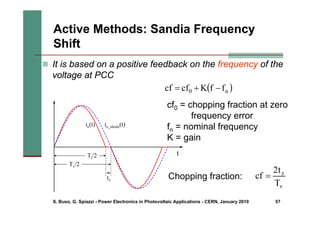 S. Buso, G. Spiazzi - Power Electronics in Photovoltaic Applications - CERN, January 2010 57
Active Methods: Sandia Frequency
Shift
„ It is based on a positive feedback on the frequency of the
voltage at PCC
Chopping fraction:
v
z
T
t
2
cf =
t
Tv/2
Ti/2
io(t) io_ideale(t)
tz
( )
n
0 f
f
K
cf
cf −
+
=
cf0 = chopping fraction at zero
frequency error
fn = nominal frequency
K = gain
 