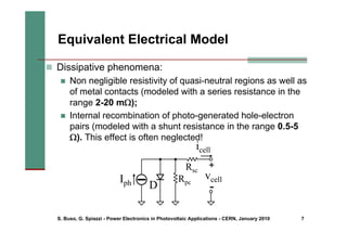 S. Buso, G. Spiazzi - Power Electronics in Photovoltaic Applications - CERN, January 2010 7
Equivalent Electrical Model
„ Dissipative phenomena:
„ Non negligible resistivity of quasi-neutral regions as well as
of metal contacts (modeled with a series resistance in the
range 2-20 mΩ);
„ Internal recombination of photo-generated hole-electron
pairs (modeled with a shunt resistance in the range 0.5-5
Ω). This effect is often neglected!
Rsc
Rpc
vcell
+
Iph
icell
-
D
 