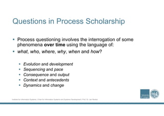 Institute for Information Systems | Chair for Information Systems and Systems Development | Prof. Dr. Jan Recker
Questions in Process Scholarship
 Process questioning involves the interrogation of some
phenomena over time using the language of:
 what, who, where, why, when and how?
 Evolution and development
 Sequencing and pace
 Consequence and output
 Context and antecedents
 Dynamics and change
 