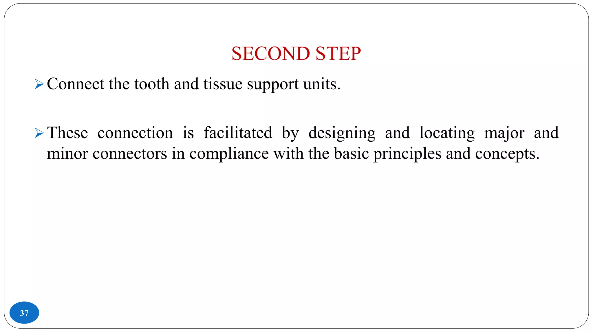 SECOND STEP
37
Connect the tooth and tissue support units.
These connection is facilitated by designing and locating major and
minor connectors in compliance with the basic principles and concepts.
 
