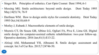 178
• Singer BA. Principles of esthetics. Curr Opin Cosmet Dent 1994;:6-1
• Messing MG. Smile architecture: beyond smile design. Dent Today 1995
May;14(5):74, 76-9
• Dorfman WM. How to design smile styles for cosmetic dentistry. Dent Today
1995 Oct;14(10):68-9
• Morley J, Eubank J. Macroesthetic elements of smile design.
• Meereis CT, De Souza GB, Albino LG, Ogliari FA, Piva E, Lima GS. Digital
smile design for computer-assisted esthetic rehabilitation: two-year follow-up.
Operative dentistry. 2016 Jan;41(1):E13-22.
• Alrizqi AM, Mohammed YH, Albounni R. Smile design: assessment and
concept. Int J of Cur Res. 2015;7:24746-50.
 