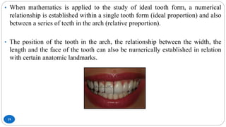 19
• When mathematics is applied to the study of ideal tooth form, a numerical
relationship is established within a single tooth form (ideal proportion) and also
between a series of teeth in the arch (relative proportion).
• The position of the tooth in the arch, the relationship between the width, the
length and the face of the tooth can also be numerically established in relation
with certain anatomic landmarks.
 