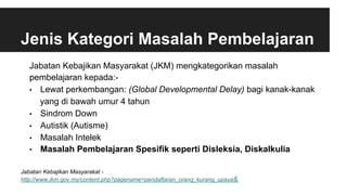 Jenis Kategori Masalah Pembelajaran
Jabatan Kebajikan Masyarakat (JKM) mengkategorikan masalah
pembelajaran kepada:-
•  Lewat perkembangan: (Global Developmental Delay) bagi kanak-kanak
yang di bawah umur 4 tahun
•  Sindrom Down
•  Autistik (Autisme)
•  Masalah Intelek
•  Masalah Pembelajaran Spesifik seperti Disleksia, Diskalkulia
Jabatan Kebajikan Masyarakat -
http://www.jkm.gov.my/content.php?pagename=pendaftaran_orang_kurang_upaya&
 