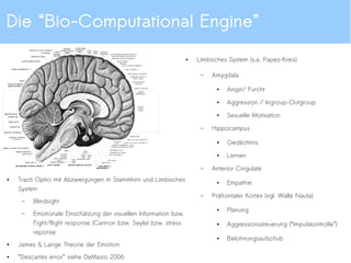 Die “Bio-Computational Engine”
●
Limbisches System (s.a. Papez-Kreis)
– Amygdala
●
Angst/ Furcht
●
Aggression / Ingroup-Outgroup
●
Sexuelle Motivation
– Hippocampus
●
Gedächtnis
●
Lernen
– Anterior Cingulate
●
Empathie
– Präfrontaler Kortex (vgl. Walle Nauta)
●
Planung
●
Aggressionssteuerung (“Impulskontrolle”)
●
Belohnungsaufschub
●
Tracti Optici mit Abzweigungen in Stammhirn und Limbisches
System
– Blindsight
– Emotionale Einschätzung der visuellen Information bzw.
Fight/flight response (Cannon bzw. Seyle) bzw. stress
reponse
●
James & Lange Theorie der Emotion
●
“Descartes error” siehe DeMasio 2006
 