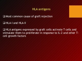 HLA antigens
 Most common cause of graft rejection
 HLA-I and HLA-II
 HLA antigens expressed by graft cells activate T cells and
stimulate them to proliferate in response to IL-2 and other T-
cell growth factors
 