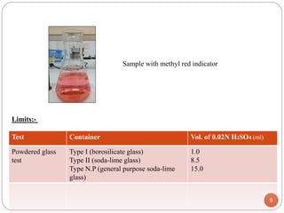 5
Test Container Vol. of 0.02N H2SO4 (ml)
Powdered glass
test
Type I (borosilicate glass)
Type II (soda-lime glass)
Type N.P (general purpose soda-lime
glass)
1.0
8.5
15.0
Limits:-
Sample with methyl red indicator
 