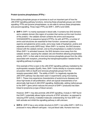 Protein tyrosine phosphatases (PTPs) -
Since adding phosphate groups on tyrosines is such an important part of how the
JAK-STAT signalling pathway functions, removing these phosphate groups can inhibit
signalling. PTPs are tyrosine phosphatases, so are able to remove these phosphates
and prevent signalling. Three major PTPs are SHP-1, SHP-2 and CD45.
● SHP-1- SHP-1 is mainly expressed in blood cells. It contains two SH2 domains
and a catalytic domain (the region of a protein that carries out the main function
of the protein) - the catalytic domain contains the amino acid sequence
VHCSAGIGRTG (a sequence typical of PTPs). As with all PTPs, a number of
amino acid structures are essential for their function: conserved cysteine,
arginine and glutamine amino acids, and a loop made of tryptophan, proline and
aspartate amino acids (WPD loop). When SHP-1 is inactive, the SH2 domains
interact with the catalytic domain, and so the phosphatase is unable to function.
When SHP-1 is activated however, the SH2 domains move away from the
catalytic domain, exposing the catalytic site and therefore allowing phosphatase
activity. SHP-1 is then able to bind and remove phosphate groups from the JAKs
associated with receptors, preventing the transphosphorylation needed for the
signalling pathway to progress.
One example of this is seen in the JAK-STAT signalling pathway mediated by the
erythropoietin receptor (EpoR). Here, SHP-1 binds directly to a tyrosine residue
(at position 429) on EpoR and removes phosphate groups from the
receptor-associated JAK2. The ability of SHP-1 to negatively regulate the
JAK-STAT pathway has also been seen in experiments using mice lacking
SHP-1. These mice experience characteristics of autoimmune diseases and
show high levels of cell proliferation, which are typical characteristics of an
abnormally high level of JAK-STAT signalling. Additionally, adding methyl groups
to the SHP-1 gene (which reduces the amount of SHP-1 produced) has been
linked to lymphoma (a type of blood cancer).
However, SHP-1 may also promote JAK-STAT signalling. A study in 1997 found
that SHP-1 potentially allows higher amounts of STAT activation, as opposed to
reducing STAT activity. A detailed molecular understanding for how SHP-1 can
both activate and inhibit the signalling pathway is still unknown.
● SHP-2 - SHP-2 has a very similar structure to SHP-1, but unlike SHP-1, SHP-2 is
produced in many different cell types - not just blood cells. Humans have two
 