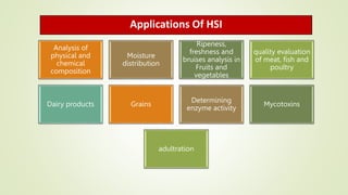 Applications Of HSI
Analysis of
physical and
chemical
composition
Moisture
distribution
Ripeness,
freshness and
bruises analysis in
Fruits and
vegetables
quality evaluation
of meat, fish and
poultry
Dairy products Grains
Determining
enzyme activity
Mycotoxins
adultration
 