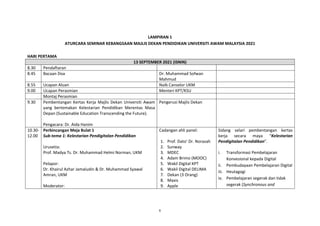 6
LAMPIRAN 1
ATURCARA SEMINAR KEBANGSAAN MAJLIS DEKAN PENDIDIKAN UNIVERSITI AWAM MALAYSIA 2021
HARI PERTAMA
13 SEPTEMBER 2021 (ISNIN)
8.30 Pendaftaran
8.45 Bacaan Doa Dr. Muhammad Sofwan
Mahmud
8.55 Ucapan Aluan Naib Canselor UKM
9.00 Ucapan Perasmian Menteri KPT/KSU
Montaj Perasmian
9.30 Pembentangan Kertas Kerja Majlis Dekan Universiti Awam
yang bertemakan Kelestarian Pendidikan Merentas Masa
Depan (Sustainable Education Transcending the Future).
Pengacara: Dr. Aida Hanim
Pengerusi Majlis Dekan
10.30-
12.00
Perbincangan Meja Bulat 1
Sub-tema 1: Kelestarian Pendigitalan Pendidikan
Urusetia:
Prof. Madya Ts. Dr. Muhammad Helmi Norman, UKM
Pelapor:
Dr. Khairul Azhar Jamaludin & Dr. Muhammad Syawal
Amran, UKM
Moderator:
Cadangan ahli panel:
1. Prof. Dato’ Dr. Norazah
2. Sunway
3. MDEC
4. Adam Brimo (MOOC)
5. Wakil Digital KPT
6. Wakil Digital DELIMA
7. Dekan (3 Orang)
8. Maxis
9. Apple
Sidang selari pembentangan kertas
kerja secara maya “Kelestarian
Pendigitalan Pendidikan”.
i. Transformasi Pembelajaran
Konvesional kepada Digital
ii. Pembudayaan Pembelajaran Digital
iii. Heutagogi
iv. Pembelajaran segerak dan tidak
segerak (Synchronous and
 