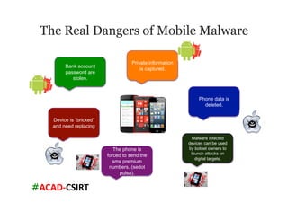 #ACAD-­‐CSIRT	
  
The Real Dangers of Mobile Malware
Bank account
password are
stolen.
Private information
is captured.
Phone data is
deleted.
Device is “bricked”
and need replacing
The phone is
forced to send the
sms premium
numbers. (sedot
pulsa).
Malware infected
devices can be used
by botnet owners to
launch attacks on
digital targets.
 