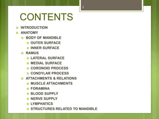 CONTENTS
 INTRODUCTION
 ANATOMY
 BODY OF MANDIBLE
 OUTER SURFACE
 INNER SURFACE
 RAMUS
 LATERAL SURFACE
 MEDIAL SURFACE
 CORONOID PROCESS
 CONDYLAR PROCESS
 ATTACHMENTS & RELATIONS
 MUSCLE ATTACHMENTS
 FORAMINA
 BLOOD SUPPLY
 NERVE SUPPLY
 LYMPHATICS
 STRUCTURES RELATED TO MANDIBLE
2
 