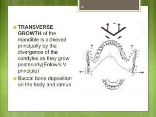  TRANSVERSE
GROWTH of the
mandible is achieved
principally by the
divergence of the
condyles as they grow
posteriorly(Enlow’s V
principle)
 Buccal bone deposition
on the body and ramus
35
 