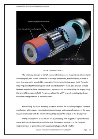 SEMINAR TOPIC- CONTINUOUS VARIABLE TRANSMISSION
MANOJ P, PGPDE, SCHOOL OF POSTGRADUATE STUDIES, NTTF Page | 16
Fig: 14. Components of MCVT.
The inner ring consists of a shaft around which low no. of ,magnets are attached with
alternate poles, this shaft is connected to the high speed shaft, the middle ring is made of
steel structure and is bounded by a cage which is connected to low speed shaft. The outer
most ring consists of many magents which is held stationary. There is no physical contact
between any of the above mentioned parts, as the motion is transfered by the air gap using
the force of the magnetic field. The air gap allows the MCVT to work smoothly & without
noise and no requirement of any lubrication.
For working, the outer most ring is rotated without the use of any magents from the
middle ring, which causes no output rotation or torque, so the aray of magents in the outer
ring synchronoused with the innermost ring and produce the torque or the drive power.
In the advancemnet of the MCVT, the outmost ring with magents is replaced with a
stator with electrical winding around the gear. The present setup acts as the compact
magnetic motor or generator which is exceptionally powerful & relaible.
Inner ring with low no. of magnets
Middle ring with steel structure
outer ring with high no. of magnets
 
