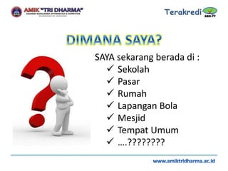 SAYA sekarang berada di :
 Sekolah
 Pasar
 Rumah
 Lapangan Bola
 Mesjid
 Tempat Umum
 ….????????
 