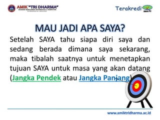 Setelah SAYA tahu siapa diri saya dan
sedang berada dimana saya sekarang,
maka tibalah saatnya untuk menetapkan
tujuan SAYA untuk masa yang akan datang
(Jangka Pendek atau Jangka Panjang)
 