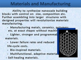 Ability to synthesize nanoscale building
blocks with control on size, composition etc.
Further assembling into larger structures with
designed properties will revolutionize materials
manufacturing.
- Manufacturing metals, ceramics, polymers,
etc. at exact shapes without machining
- Lighter, stronger and programmable
materials.
- Lower failure rates and reduced
life-cycle costs.
- Bio-inspired materials.
- Multifunctional, adaptive materials.
- Self-healing materials.
 