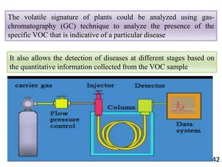 The volatile signature of plants could be analyzed using gas-
chromatography (GC) technique to analyze the presence of the
specific VOC that is indicative of a particular disease
It also allows the detection of diseases at different stages based on
the quantitative information collected from the VOC sample
42
 