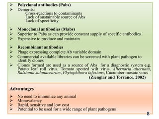  Polyclonal antibodies (Pabs)
 Demerits:
Cross-reactions to contaminants
Lack of sustainable source of Abs
Lack of specificity
 Monoclonal antibodies (Mabs)
 Superior to Pabs as can provide constant supply of specific antibodies
 Expensive to produce and maintain
 Recombinant antibodies
 Phage expressing complete Ab variable domain
 Commercial available libraries can be screened with plant pathogen to
identify clones
 Clones formed are used as a source of Abs for a diagnostic system e.g.
Potato leaf roll virus, Tomato spotted wilt virus, Alternaria alternata,
Ralstonia solanacearum, Phytophthora infestans, Cucumber mosaic virus
(Zienglar and Torrance, 2002)
Advantages
 No need to immunize any animal
 Monovalency
 Rapid, sensitive and low cost
 Potential to be used for a wide range of plant pathogens
8
 