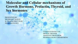 Molecular and Cellular mechanisms of
Growth Hormone, Prolactin, Thyroid, and
Sex hormones
PRESENTED BY:
SHUBHAM P. KOLGE
M. PHARM FIRST YEAR
PHARMACOLOGY
UNDER GUIDANCE OF:
SWATI R. DHANDE
ASSISTANT PROFESSOR.
PHARMACOLOGY DEPARTMENT
1
 