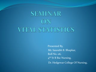 Presented By,
Mr. Saurabh B. Bhapkar,
Roll No. 06,
4th Yr B Bsc Nursing,
Dr. Hedgewar College Of Nursing.
 