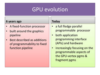 GPU evolution
6 years ago                      Today
• A fixed-function processor     • a full fledge parallel
• built around the graphics        programmable processor
   pipeline                      • both application
• Best described as additions      programming interface
   of programmability to fixed     (APIs) and hardware
   function pipeline             • increasingly focusing on the
                                   programmable aspects of
                                   the GPU-vertex pgms &
                                   fragment pgms
 