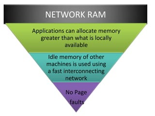 NETWORK RAM
Applications can allocate memory
   greater than what is locally
            available
     Idle memory of other
     machines is used using
     a fast interconnecting
             network

            No Page
             faults
 