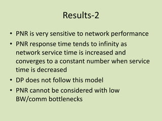 Results-2
• PNR is very sensitive to network performance
• PNR response time tends to infinity as
  network service time is increased and
  converges to a constant number when service
  time is decreased
• DP does not follow this model
• PNR cannot be considered with low
  BW/comm bottlenecks
 