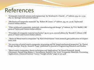 References
 “Composite materials science and engineering”, by ‘Krishnan K. Chawla’ , 2nd edition, p.g. no. 3-132,
164-211, Springer international edition.
 “Mechanics of composite materials” by, ‘Robert M. Jones.’ 2nd edition, p.g. no. 37-56, Taylor and
Francis Indian edition.
 “Fiber reinforced composites, materials, manufacturing and design” 3rd edition, by ‘P. K. Mallik’, CRC
press of Taylor and Francis Indian edition.
 “Principles of composite material mechanics” pg no 13-22, second edition by ‘Ronald F. Gibson’, CRC
press of Taylor and Francis Indian edition.
 “Basics of Metal matrix composites” by ‘Karl Ulrich Kainer’ from research gate publication of chapter
June 2006
 “An overview of metal matrix composite: processing and SiC based mechanical properties” by ‘Hartaj
Singh, Sarabjit, Nrip Jit, Anand K Tyagi ’, published in Journal of Engineering Research and Studies.
 “Metal matrix composites: theory techniques and Applications” by ‘Sumit Pramanik, Jayesh
Cherusseri, Navajit Sing Baban, L. Sowntharya, Kamal K. Kar’ from “Composite Materials: Processing,
Applications, Characterizations “source “Google scholar” page no 371-408.
 