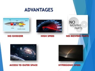 ADVANTAGES
NO OXIDIZER HIGH SPEED NO MOVING PARTS
ACCESS TO OUTER SPACE HYPERSONIC SPEED
 