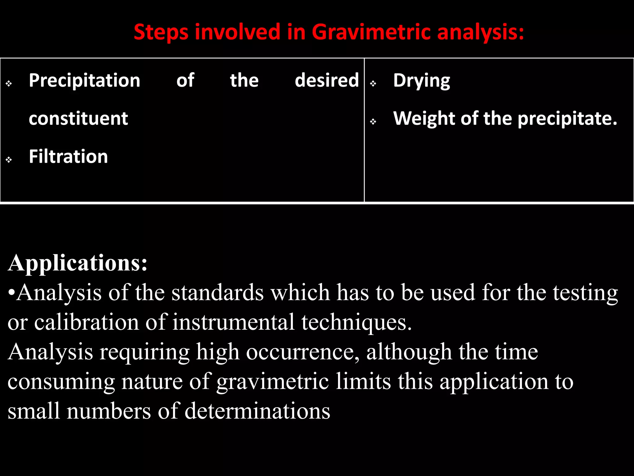  Precipitation of the desired
constituent
 Filtration
 Drying
 Weight of the precipitate.
Applications:
•Analysis of the standards which has to be used for the testing
or calibration of instrumental techniques.
Analysis requiring high occurrence, although the time
consuming nature of gravimetric limits this application to
small numbers of determinations
Steps involved in Gravimetric analysis:
 