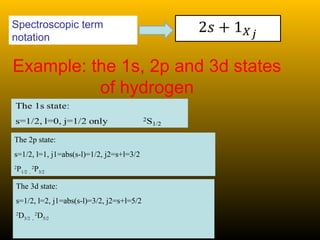 Example: the 1s, 2p and 3d states
of hydrogen
The 2p state:
s=1/2, l=1, j1=abs(s-l)=1/2, j2=s+l=3/2
2
P1/2 ,
2
P3/2
The 3d state:
s=1/2, l=2, j1=abs(s-l)=3/2, j2=s+l=5/2
2
D3/2 ,
2
D5/2
Spectroscopic term
notation
 