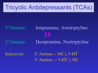 Tricyclic Antidepressants (TCAs) <ul><li>3 ° Amines:  Imipramine, Amitriptyline </li></ul><ul><li>     </li></u...