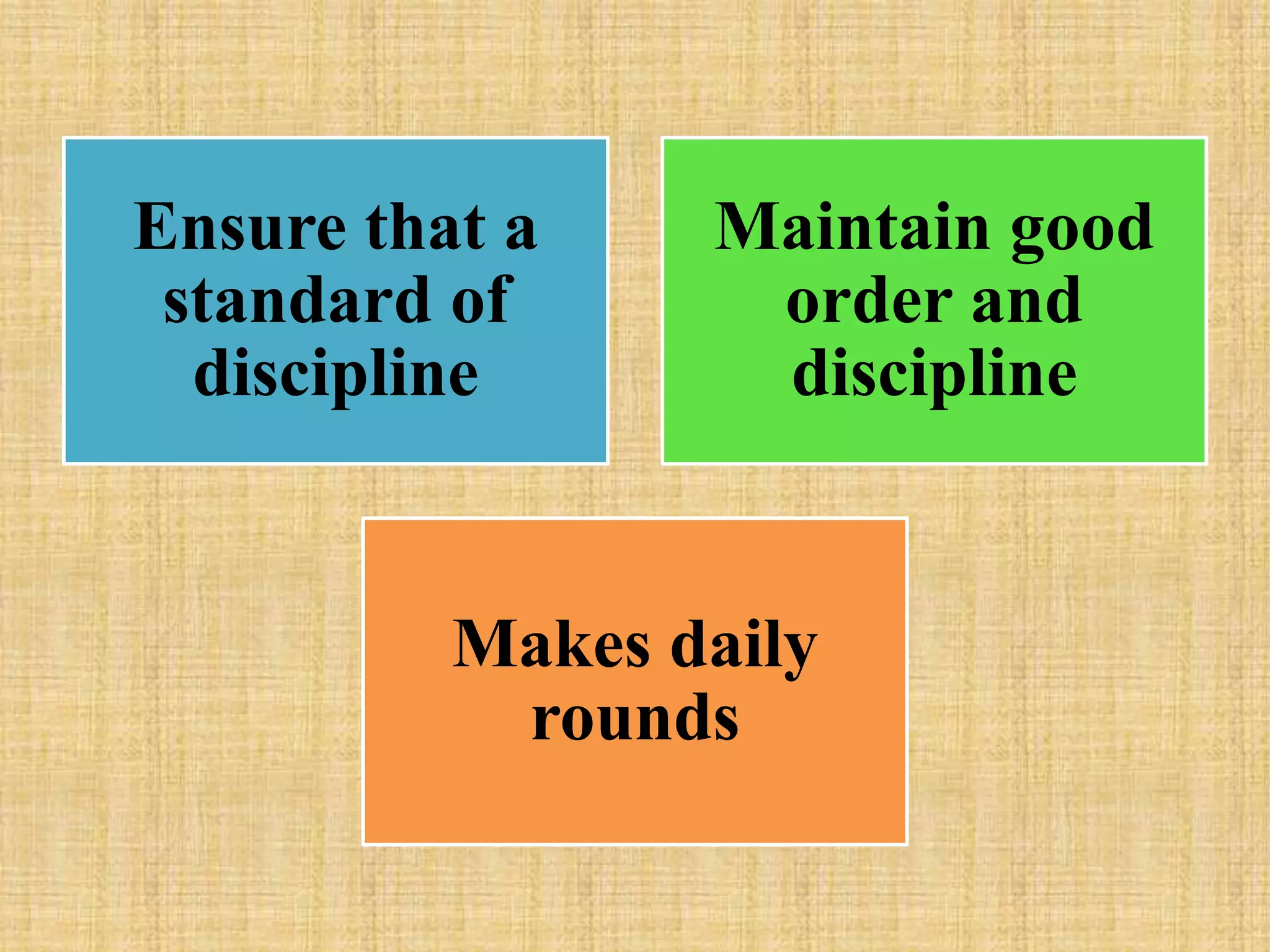 Ensure that a
standard of
discipline
Maintain good
order and
discipline
Makes daily
rounds
 