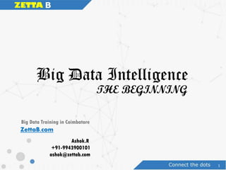 Big Data Intelligence
The Beginning
Prof.Ashok.R | +91-9943900101 | ashok@zettab.com
ZettaB.com
Big Data Training in Coimbatore
Ref: Ullman et.al, Mining Massive Datasets
 