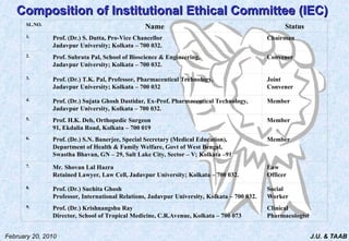 J.U. & TAAB
February 20, 2010
Composition of Institutional Ethical Committee (IEC)
Composition of Institutional Ethical Committee (IEC)
SL.NO.
Name Status
1. Prof. (Dr.) S. Dutta, Pro-Vice Chancellor
Jadavpur University; Kolkata – 700 032.
Chairman
2. Prof. Subrata Pal, School of Bioscience & Engineering,
Jadavpur University; Kolkata – 700 032.
Convener
3. Prof. (Dr.) T.K. Pal, Professor, Pharmaceutical Technology,
Jadavpur University; Kolkata – 700 032
Joint
Convener
4. Prof. (Dr.) Sujata Ghosh Dastidar, Ex-Prof. Pharmaceutical Technology,
Jadavpur University, Kolkata – 700 032.
Member
5. Prof. H.K. Deb, Orthopedic Surgeon
91, Ekdalia Road, Kolkata – 700 019
Member
6. Prof. (Dr.) S.N. Banerjee, Special Secretary (Medical Education),
Department of Health & Family Welfare, Govt of West Bengal,
Swastha Bhavan, GN – 29, Salt Lake City, Sector – V; Kolkata –91
Member
7. Mr. Shovan Lal Hazra
Retained Lawyer, Law Cell, Jadavpur University; Kolkata – 700 032.
Law
Officer
8. Prof. (Dr.) Suchita Ghosh
Professor, International Relations, Jadavpur University, Kolkata – 700 032.
Social
Worker
9. Prof. (Dr.) Krishnangshu Ray
Director, School of Tropical Medicine, C.R.Avenue, Kolkata – 700 073
Clinical
Pharmacologist
 