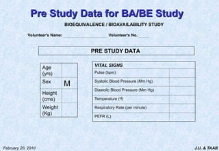 J.U. & TAAB
February 20, 2010
Pre Study Data for BA/BE Study
Pre Study Data for BA/BE Study
BIOEQUIVALENCE / BIOAVAILABILITY STUDY
Volunteer’s Name: …………………………………………………
Volunteer’s No. ………..….
Age
(yrs)
Sex
M
Height
(cms)
Weight
(Kg)
VITAL SIGNS
Pulse (bpm)
Systolic Blood Pressure (Mm Hg)
Diastolic Blood Pressure (Mm Hg)
Temperature (o
f)
Respiratory Rate (per minute)
PEFR (L)
PRE STUDY DATA
 