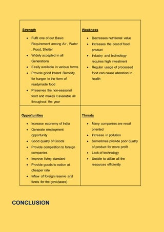 Strength
 Fulfil one of our Basic
Requirement among Air , Water
, Food, Shelter
 Widely accepted in all
Generations
 Easily available in various forms
 Provide good Instant Remedy
for hunger in the form of
readymade food
 Preserves the non-seasonal
food and makes it available all
throughout the year
Weakness
 Decreases nutritional value
 Increases the cost of food
product
 Industry and technology
requires high investment
 Regular usage of processed
food can cause alteration in
health
Opportunities
 Increase economy of India
 Generate employment
opportunity
 Good quality of Goods
 Provide competition to foreign
companies
 Improve living standard
 Provide goods to nation at
cheaper rate
 Inflow of foreign reserve and
funds for the govt.(taxes)
Threats
 Many companies are result
oriented
 Increase in pollution
 Sometimes provide poor quality
of product for more profit
 Lack of technology
 Unable to utilize all the
resources efficiently
CONCLUSION
 