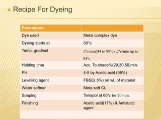  Recipe For Dyeing
Parameters
Dye used Metal complex dye
Dyeing starts at 50°c
Temp. gradient 1°c/min(94 to 98°c) ,2°c/min up to
94°c
Holding time Acc. To shade%(20,30,50)min.
PH 4-5 by Acetic acid (98%)
Levelling agent FBSE(.5%) on wt. of material
Water softner Meta soft CL
Soaping Tenapol at 60°c for 20 min.
Finishing Acetic acid(17%) & Antistatic
agent
 