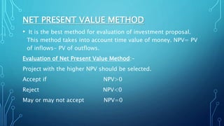 Npv Preferred Method Seminar on capital budgeting method | PPTX