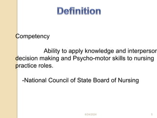 Competency
Ability to apply knowledge and interperson
decision making and Psycho-motor skills to nursing
practice roles.
-National Council of State Board of Nursing
6/24/2024 5
 